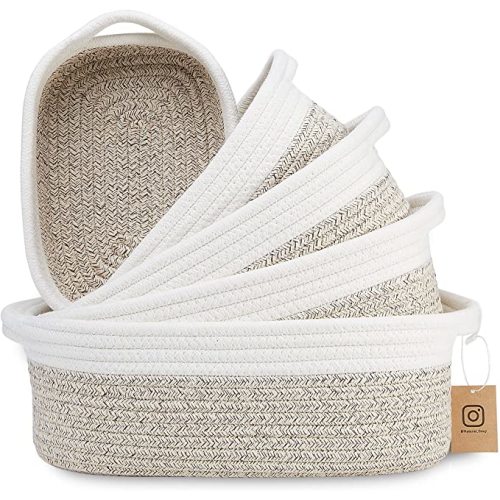 NaturalCozy 5-Piece Rectangle Storage Basket Set- Natural Cotton Rope Woven Baskets for Organizing! Small Basket for Montessori, Baby Nursery, Dog Toy Baskets, Cat Toy Box, Bathroom Organization Bin - Off White & Mixed Brown