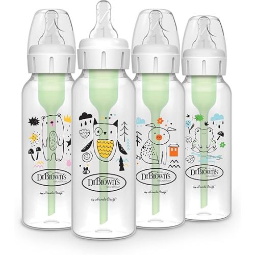 Dr. Brown's Natural Flow Anti-Colic Options+ Narrow Baby Bottle, 8 oz/250 mL, with Level 1 Slow Flow Nipple, BPA Free, 0m+, Bear, Owl, Pig, Frog, 4-Pack
