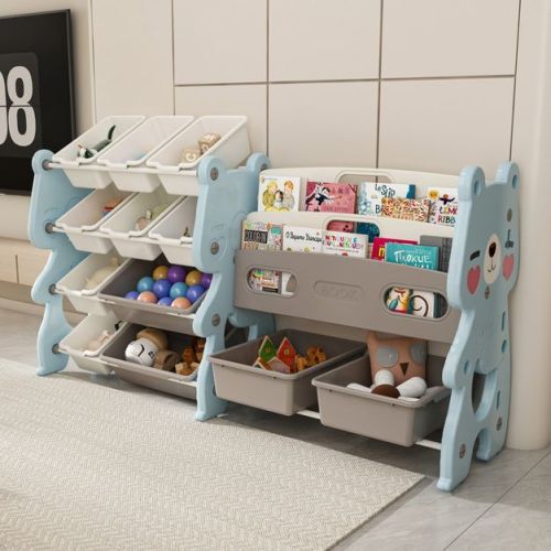 Hrinhom 56.7"W Kids Toy Storage Shelf,2 Tier Shelf+12 Toy Bins