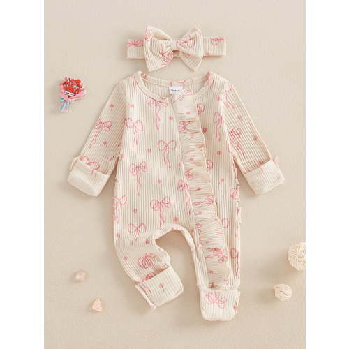Loicainy Newborn Baby Girl Spring Fall Romper 3 6 Months Bow Print Long Sleeve Full Length Zipper Front Ribbed Jumpsuit Bow Headband 2Pcs Set