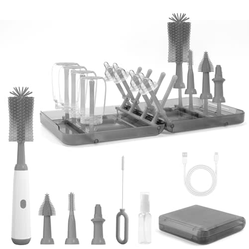 Electric Bottle Brush Cleaner, 9 in 1 Baby Bottle Brush Kit with Nipple Straw Crevice Brushes Drying Rack Extender Soap Dispenser Storage Box, Rechargable Bottle Cleaner Set for Travel & Home (Gray)