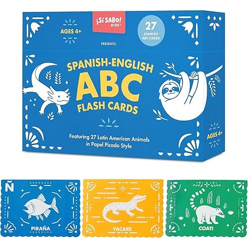 Spanish-English ABC Flash Cards: 27 Bilingual Alphabet Flash Cards Featuring Latin American Animals in a Papel Picado Design (Si Sabo Bilingual Books for Kids) Cards – July 15, 2025