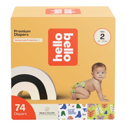 Hello Bello Premium Diapers Size 2, Happy Camper & Live Leaf Love Designs, 74ct Club Box