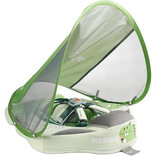 Mambobaby No-Flip Baby Pool Float with Canopy & Tail Non-Inflatable Swim Float for Infants, Pearl-Foam, UPF 50+ & Adjustable Safety Five-Way Harness, Skin-Friendly for Boys Girls 3-24 Months