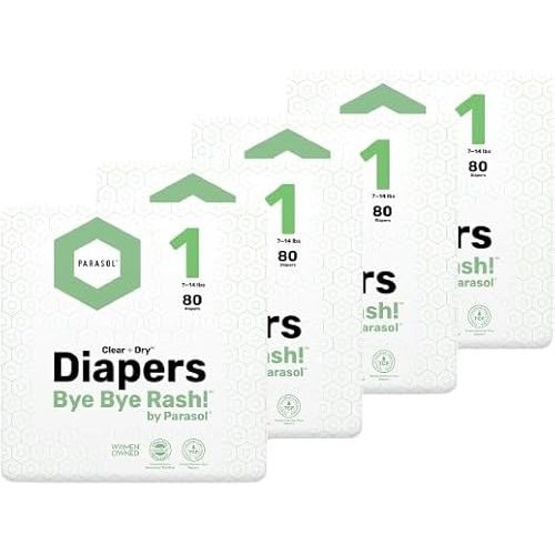 Parasol Clear+Dry Disposable Diapers, RashShield Protection and Leak-Control Fit, Hypoallergenic Diapers, Size 1 (7-14 lbs), 320 Count