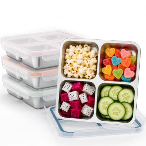 4 Pack Stainless Steel Snack Containers with Lids, Reusable 4 Compartment Divided Lunch & Food Storage Containers for Work, Travel