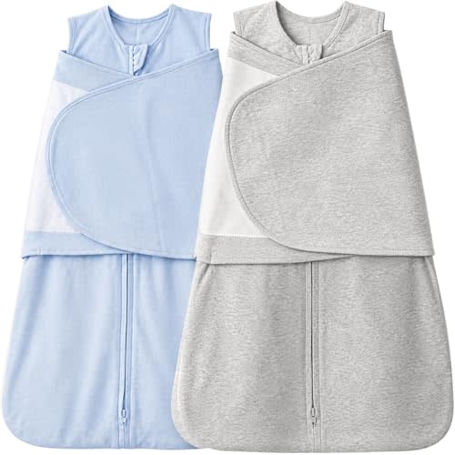 AugTwig Baby Sleep Sack Swaddle 2 Pack,Swaddles 3-6 Months,Organic Cotton | 3-Way AdjustableTransition Blanket,12-18 lbs,1.0 TOG,Blue & Grey