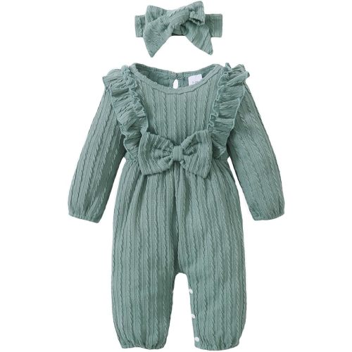 Happy Town Baby Girl Romper Infant Fall Winter Clothes Ruffle Sweater Long Sleeve Bodysuit Jumpsuit and Headband