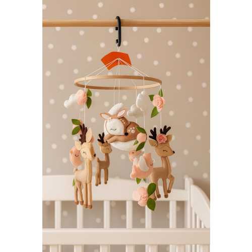 Woodland Deer Baby Mobile – Felt Nursery Mobile with Bunny, Flowers & Clouds – Neutral Crib Mobile for Girl – Handmade Baby Shower Gift