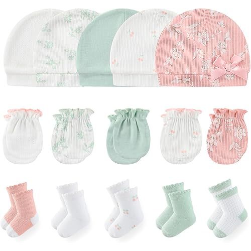 Newborn Baby Boy Girl Caps Mittens Socks Set Cotton Baby Essentials Accessories (Hats+Gloves+Socks)