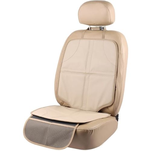 Leather Car Seat Protector for Booster Durable Waterproof Protector Mat Large Auto Seat Cover with Storage Pocket for Child Toddler Safety Seat Baby Basket (Beige)