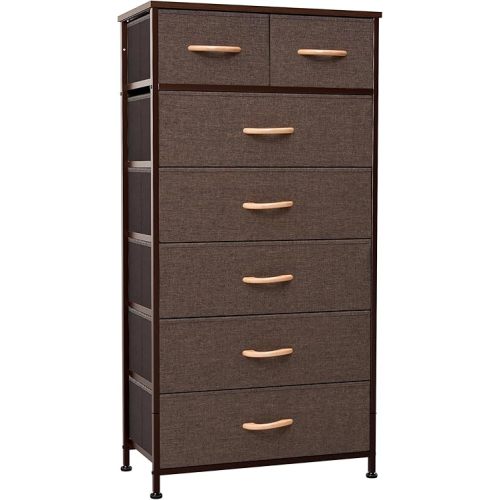 Crestlive Products Vertical Dresser Storage Tower - Sturdy Steel Frame, Wood Top, Easy Pull Fabric Bins, Wood Handles - Organizer Unit for Bedroom, Hallway, Entryway, Closets - 7 Drawers (Beige)