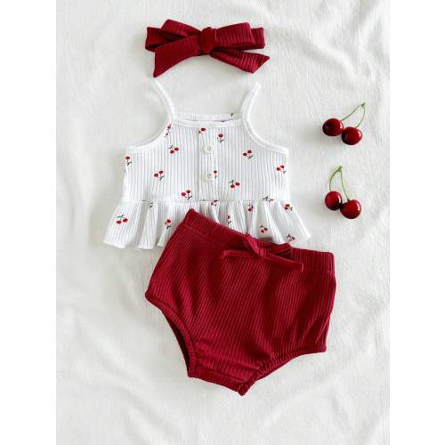 SHEIN Vintaside Kids Baby Girls' Summer New Cotton Rib Knit Heart Print Top & Shorts Set