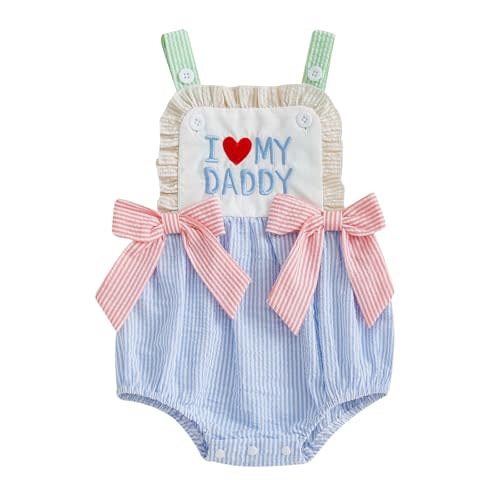 Liuckyxin Baby Girl Summer Romper I Love My Daddy/Mommy Onesie Sleeveless Bow Front Stripes Print Bodysuit Newborn Playsuit