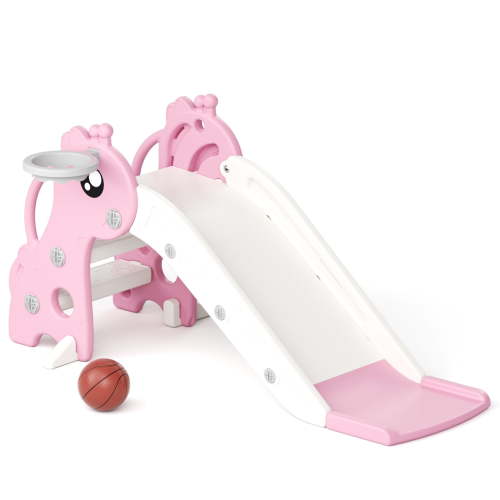 XJD 3 in 1 Toddler Slide, Baby Slide Climber Playset with Basketball Hoop and Ball, Indoor and Outdoor Playground for Kids (Pink)