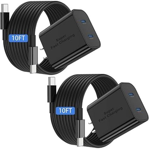 Dual Port 45W Super Fast Charger and Long USB C to C Cable 10ft, Type C Wall Block/Android Phone Charging Cord for Samsung Galaxy S26/S25/S24 Ultra/S23+/S22 Plus/S21/S20/Note 20/10/iPhone 17 16 15 Pro