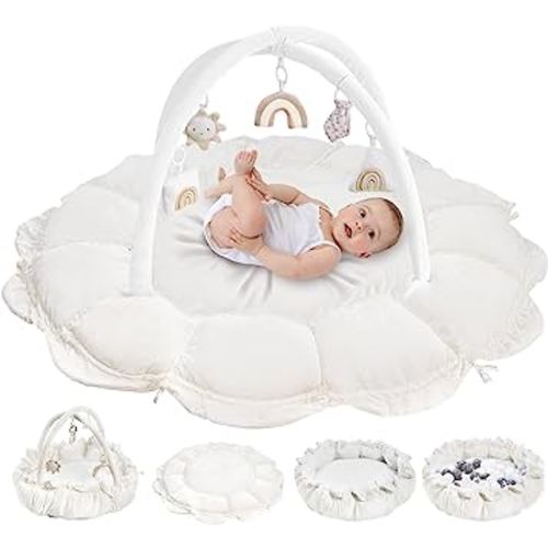 5-in-1 Convertible Baby Play Gym with 6 Toys, Tummy Time Mat for Sensory Development, Baby Activity Center from Newborn to Toddler, Ball Pit, Cat & Dog Bed, Soft Plush Pet Bed, No Ball Included White