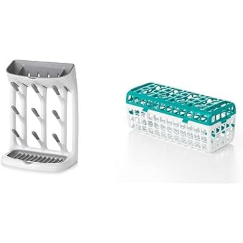 OXO Tot Plastic Drying Rack for Bottles & Dishwasher Basket for Parts, Teal, 1 Count