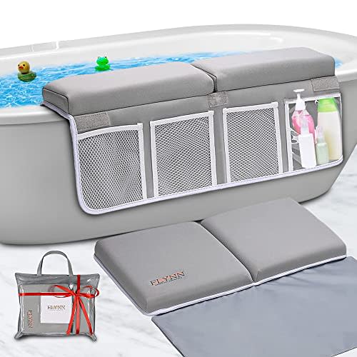 Bath Kneeler and Elbow Rest pad, Grey 11.02 x 11.81 x 7.87 Inches Thick and Wide Bath Kneeler, Soft Foam Mat with Toy Organizer Pockets,Quick Drying, Foldable, Non-Slip Baby Bath Kneeler