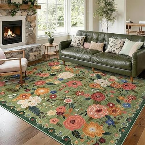 8x10 Washable Area Rug for Living Room, Floral Non-Slip Non-Shedding & Easy Care Light Green Large Soft Low Pile Indoor Floor Carpet for Living Room Bedroom Farmhouse Dining Room Kids Playroom