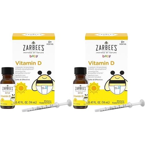 Zarbee's Vitamin D Drops for Infants,400IU (10mcg) Baby & Toddler Liquid Supplement,Newborn & Up,Dropper Syringe Included,0.47 Fl Oz,(Pack of 2)