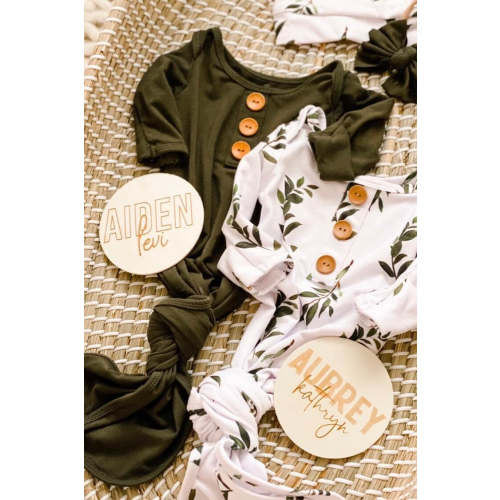 Olive Leaf Newborn Baby Knot Gown & Hat Set