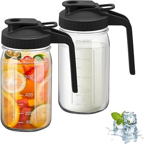 2PCS Wide Mason Jar Pitcher,Glass Pitcher with Lid Double Leak-proof with Handle Water Jug Wide Mouth Breast Milk Fridge Container for Water, Juice (2, Black, 32 OZ)