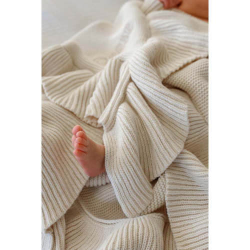 Embroidered Knit Blanket With Ruffle in Ash | Caden Lane