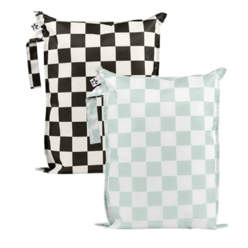 Tiny Twinkle Mess-Proof Waterproof Wet Dry Bag | 2-Pack Reusable Wet Bags for Swimsuits & Baby Clothes | Leakproof Wet Bag for Travel & Diaper Changes for Baby (Black, Green Checkers)