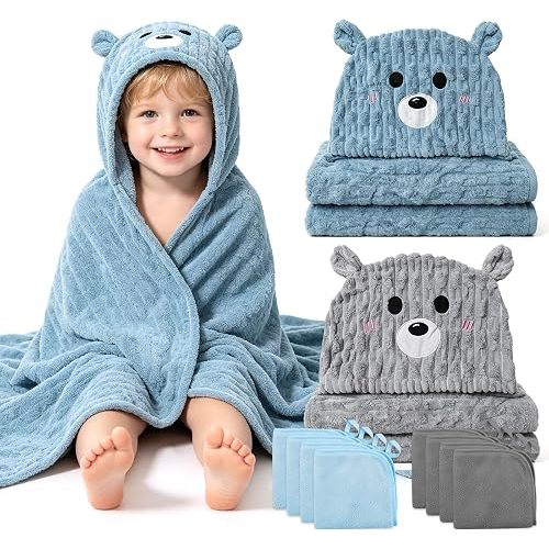 2 PCS 55" x 27.5" Plus Size Hooded Baby Bath Towels & 8 PCS Washcloths Set
