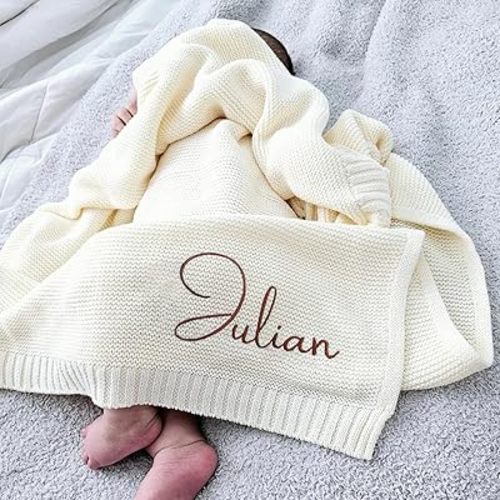 Personalized Baby Knit Blanket Custom Embroidered Cotton Blanket for Newborns, Nursery Essentials, Stroller Cover, Holiday, Thoughtful Keepsake for New Parents.