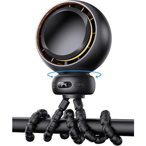 Mini Portable Stroller Fan – 60° Auto Oscillation, Quiet USB-C Rechargeable Baby Fan, 4 Speeds, Night Light & Warning Light, Flexible Tripod for Stroller, Car Seat, Crib, Camping (Black)