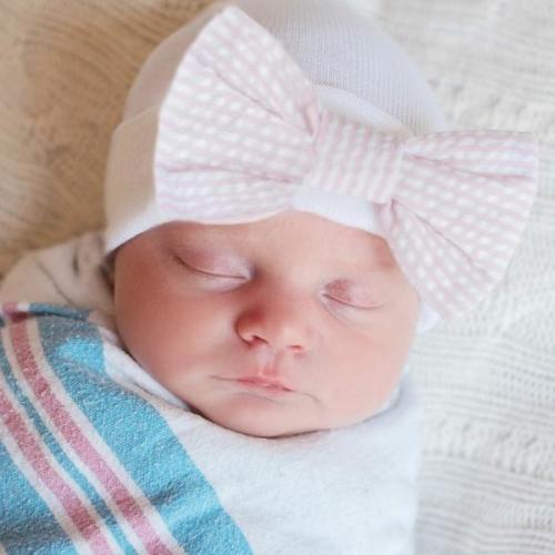 ilybean Seersucker Stripe Pink and White Bow Newborn Girl Hospital Hat - ilybean nursery beanies