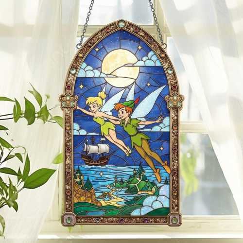 Peter Pan and Tinker Bell Acrylic Suncatcher, Flying Over Neverland Moonlight Window Hanging, Pirate Ship Fairytale Sun Catcher Decor