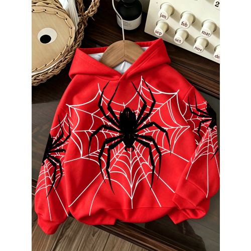 Baby Boys Hooded Casual Comfortable Spider Print Red Sweatshirt Autumn Thermal Lined Thick Pullover