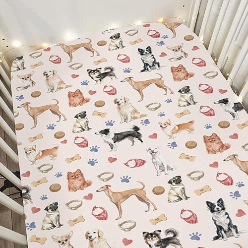 Watercolor Dogs Paws Heart Baby Crib Sheets for Boy Girl 52x28Inch Cute Dog Breeds Soft Stretchy Fitted Crib Mattress Covers Dogs Lovers Gift Nursery Baby Sheet Fits Crib and Toddler Bed Mattresses