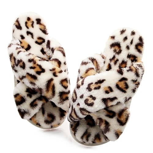 Crazy Lady Women's Fuzzy Fluffy House Slippers Cute Plush Memory Foam Shoes Cross Band Indoor Outdoor Open Toe Sandals