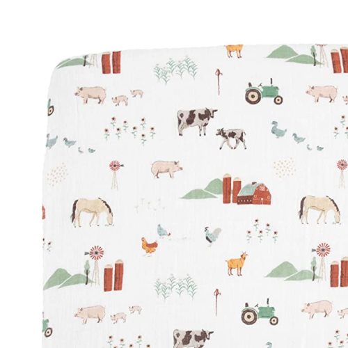 Little Unicorn Farmyard Fitted Crib Sheet | 100% Cotton Muslin | Super Soft | Sized for Standard Baby Crib & Toddler Mattress | Machine Washable | 52” x 28” x 6”