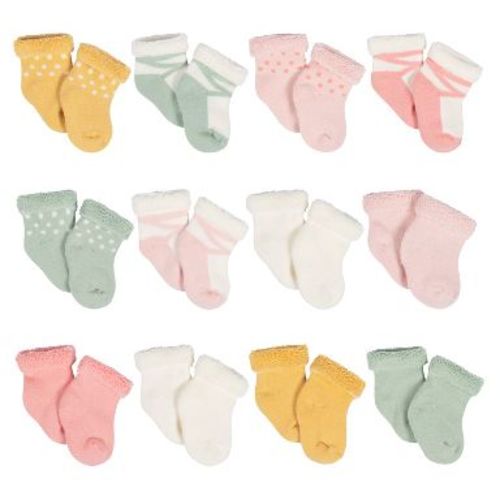Gerber Baby Girls' 12-Pack Terry Wiggle Proof® Socks Golden Floral - 3-6 Months