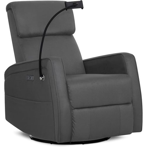Evolur Maverick Upholstered Power Glider Recliner with Device Holder – Swivel, Rocking & Smooth Power Recline – Greenguard Gold & FSC Certified, Modern Nursery and Living Room Chair in Tempered Grey