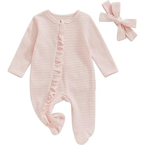 Newborn Girl Clothes Baby Girl Coming Home Outfit Zipper One-piece Outfits Ruffle Footie Bodysuit Jumpsuit Headband
