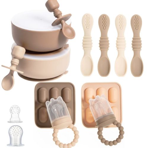 Silicone Baby Feeding Set, Baby Suction Bowls with Lids, 4-Pack Led Weaning Feeding Spoon , and Silicone Baby Fruit Feeders, Freezer & Dishwasher Safe