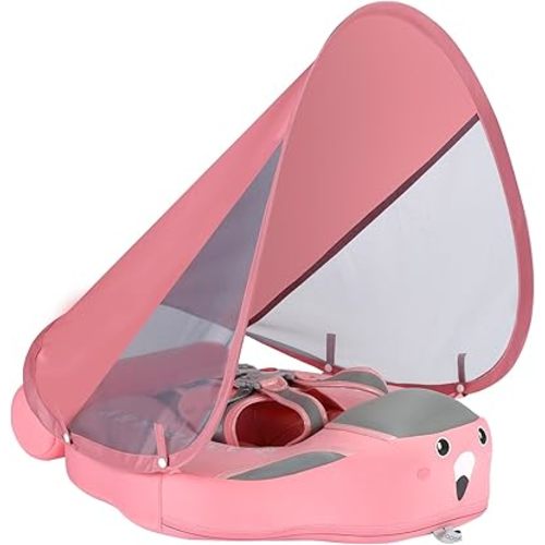 Mambobaby Float Add Tail No Flip Over Non-Inflatable Baby Swim Float Pearl Foam Solid Water Floats Smart Swim Trainer Infant Pool Float Swim Ring with Sun Canopy
