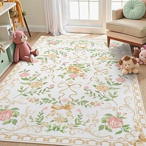 Collive Floral Rugs for Girls, 5x7 Boho Gold Bow Washable Area Rug for Living Room, Cute Ultra-Thin Non Slip Indoor Decor Carpet for Nursery Kids Room Bedroom Playroom