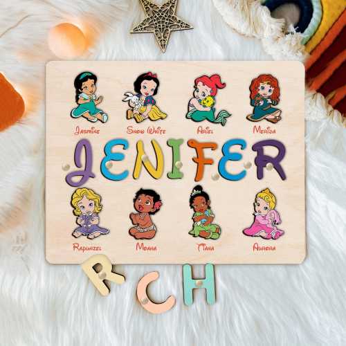 Personalized Disney Princess Name Puzzle Board, Baby Toy Montessori, Kid First Birthday Gift, Handmade Custom Name, Disney Gift For Kids