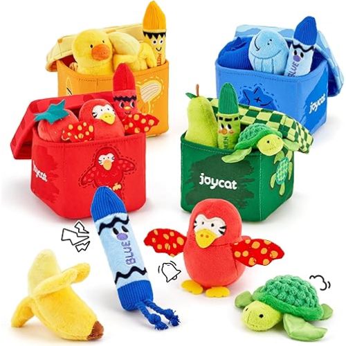JoyCat Color Sorting Sensory Toys for Toddlers 1-3, Baby Toys 6-12 12-18 Months, 12 PCS Push with 4 Boxes, Animals Fruit Crinkle Crayon - Montessori Toys for 1 Year Old, Boy Girl Gift, Play Food