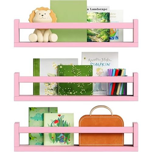 Pink Nursery Floating Shelves for Wall Set of 3, Baby Girls Room Wall Book Shelves for Kids Bedroom, Corner Bookshelf for Toddler Children Bathroom Decor and Toys Organizers and Storage