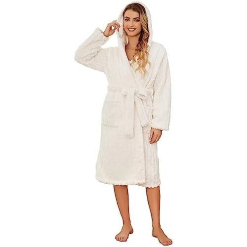 HEARTNICE Fuzzy Soft Robes for Women, Long Plush Hooded Robe Fluffy Warm Bathrobes