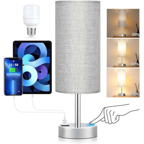 HadinEEon Table Lamp, 3 Way Dimmable Light Touch Lamp, USB C&A Fast Charging Ports, Fabric Shade Silver Base Lamp, for Bedroom, Living Room, Office, Dorm