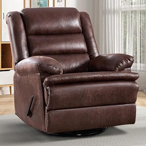 CANMOV Swivel Rocker Recliner, Manual Recliner Chair, Breathable Faux Leather Reclining Chairs with Overstuffed Arm and Back, Living Room Single Sofa Recliner, Brown